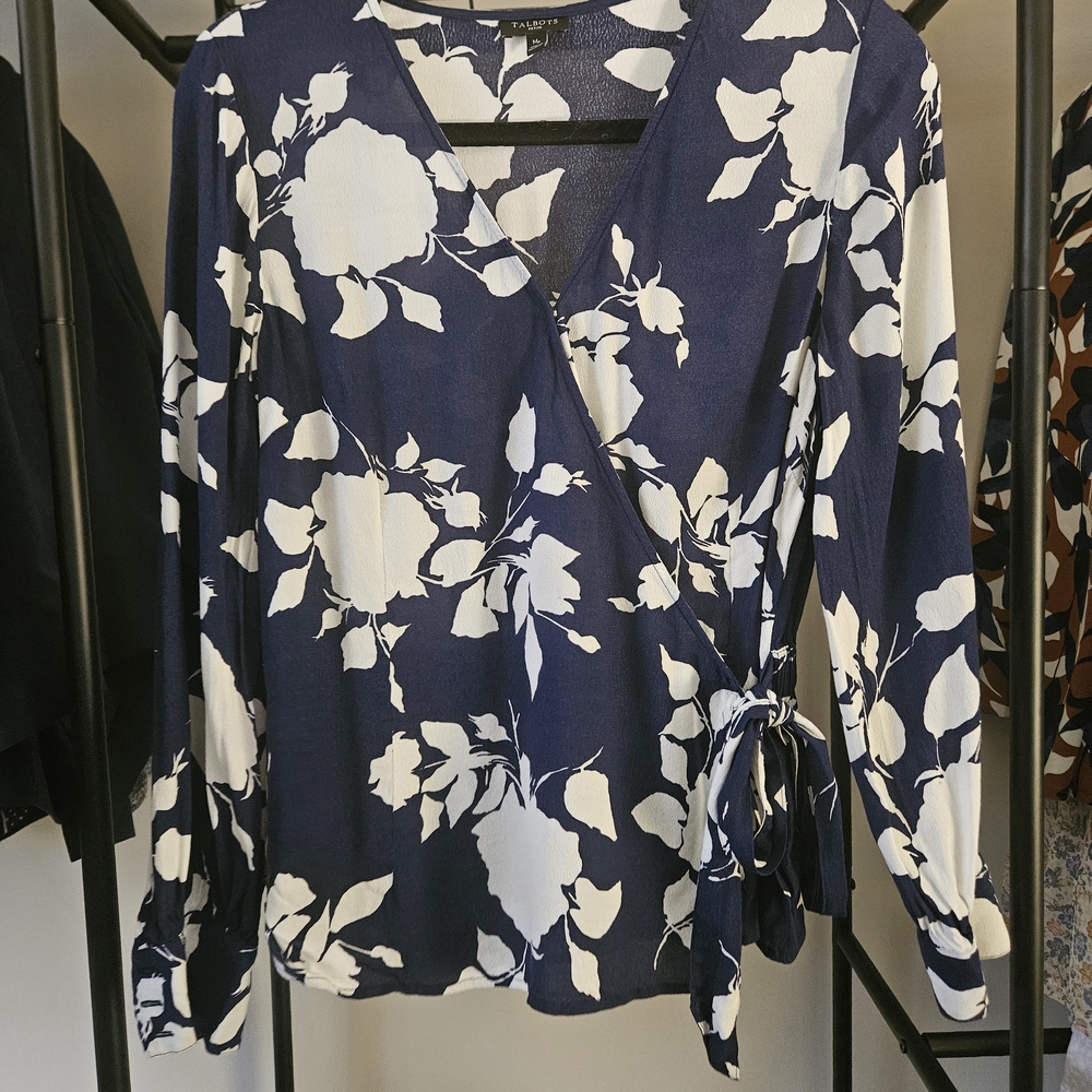 Talbots Navy and White Floral Wrap Blouse
